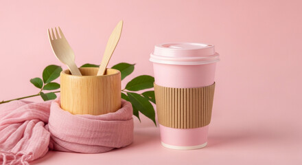 Ecofriendly lifestyle still life featuring wooden cutlery, coffee cup, scarf, and green leaves on pink background