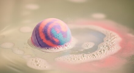 Relaxing bath time with colorful bath bomb dissolving in warm water creating bubbles