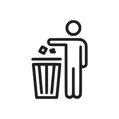A simple line drawing of a person throwing trash into a bin on a white background illustration icon
