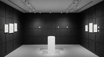 Minimalist art gallery interior with black walls, white pedestal, and framed artwork on display