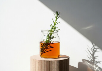 Rosemary sprig in a glass jar with honey on a round stand against a white background