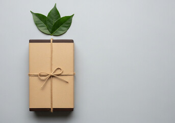 Top view of gift box with rope and green leaves on gray background with copy space for text