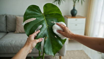 Care for Monstera Leaf with Soft Cloth in Cozy Living Room for Indoor Plant Maintenance, Home Decor Blogs, and Gardening Websites
