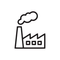 A simple line drawing of a factory with a smokestack emitting smoke on a white background space