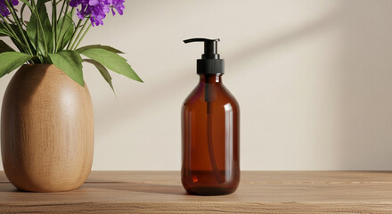 Amber bottle with pump dispenser on wooden surface, next to a vase with purple flowers