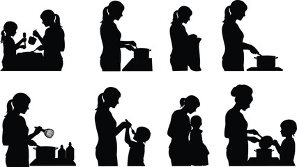 Mother cooking with child silhouettes, family kitchen activity, woman preparing food, domestic chores, parenting, caregiving, teamwork