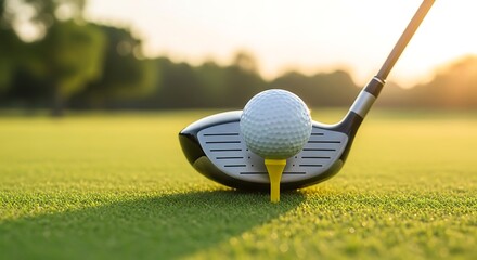 Golf Ball on Tee with Driver on Green Course at Sunset