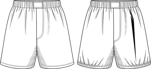 Men’s shorts flat sketch, fashion technical drawing, garment design, apparel template, clothing construction, casual wear illustration