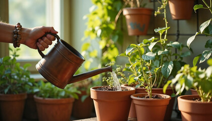 Watering Indoor Plants with a Copper Watering Can in a Bright Greenhouse for Home Garden Blogs, Plant Care Websites, and Indoor Gardening Guides