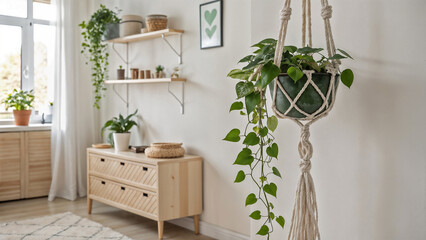 Peaceful Home Corner with Macrame Plant Hanger and Greenery for Interior Design Blogs, Home Decor Websites, Indoor Plant Care, and Lifestyle Inspirations