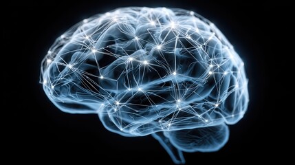 Human brain illustration with neural network connections over black background