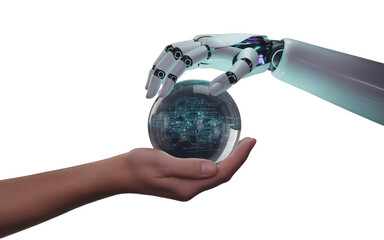 Ai technology concept: robot hand interacting with human hand over digital circuit sphere ball Transparent background