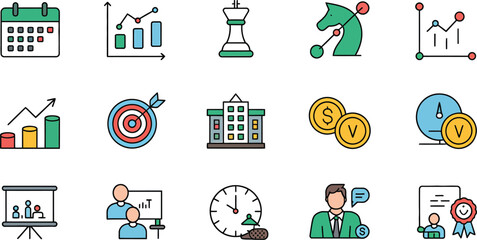 Business icons calendar bar chart chess piece coins building people and award vector