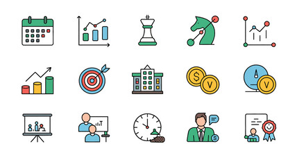 Business icons calendar bar chart chess piece coins building people and award vector