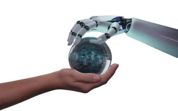 Ai technology concept: robot hand interacting with human hand over digital circuit sphere ball Transparent background