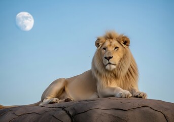 Majestic White Lion Resting Under Moonlit Sky, Wildlife Portrait