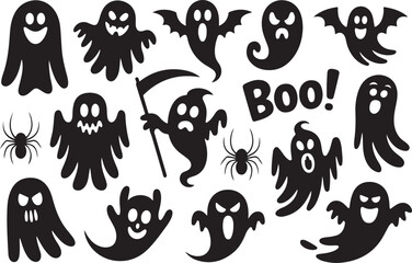 Naklejka premium Halloween Witch, Ghost, Skeleton and Pumpkin Silhouette Vector Illustration