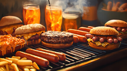 Summer Grill Feast: A delectable arrangement of sizzling hot dogs, juicy burgers, golden fries, and refreshing beverages tantalizes the taste buds, a perfect summer scene.