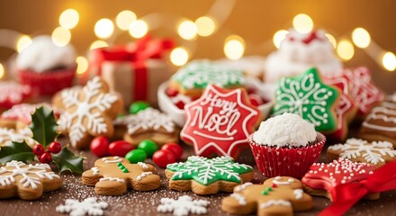 Festive christmas cookies, gingerbread man, snowflake, star, and cupcake with frosting and sprinkles on a wooden table with bokeh lights in the background