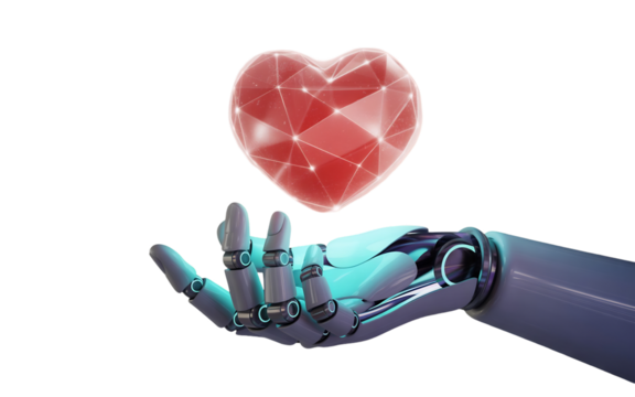 Ai robot hand holding digital heart technology artificial intelligence and love concept design Transparent background