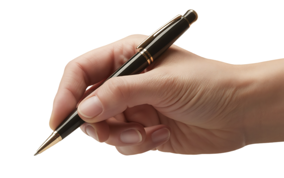 Stock photo of hand holding pen writing signing document or taking notes on black background Transparent background