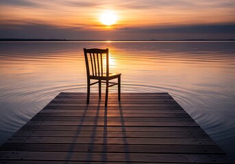 Tranquil Chair on Dock at Sunset over Water, Peace, Serenity