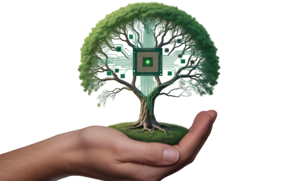 Digital tree concept with circuit board and hand holding it for technology and nature theme Transparent background