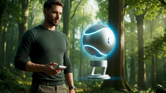 A man interacts with a levitating smart device in a vibrant green forest environment