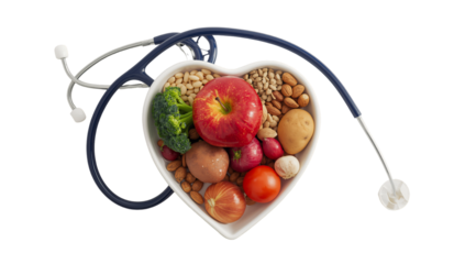 Healthy eating for heart health concept with stethoscope and heart shaped bowl of food choices