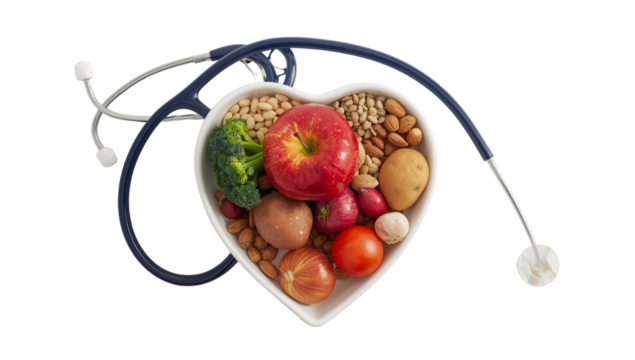 Healthy eating for heart health concept with stethoscope and heart shaped bowl of food choices