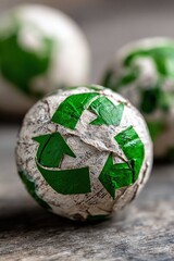 Recycled paper balls designed with green recycling symbols resting on a wooden surface