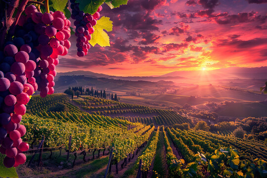 Ripe red grape landscape , sunset make you remember about a dream. Show this farm is what it has for future. Showing sunny and bright harvest.