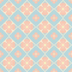 Vintage floral tile seamless pattern with soft blue and peach tones. Elegant decorative background inspired by Nyonya ceramic design.