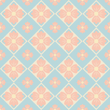 Vintage floral tile seamless pattern with soft blue and peach tones. Elegant decorative background inspired by Nyonya ceramic design.