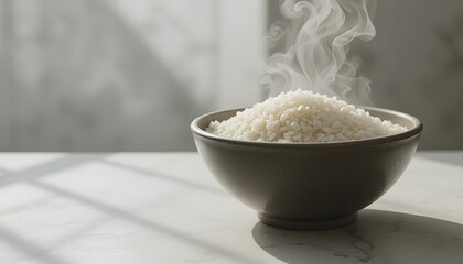 Bowl of steaming rice on light surface.