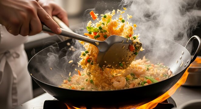Chef cooking fried rice with shrimp in a wok over an open flame, creating a flavorful and aromatic dish with vegetables and steam