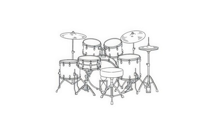 Detailed line drawing of a drum kit with cymbals and stool.