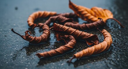 Autumn Leaves on Wet Pavement: Fall Season Moody Close-up