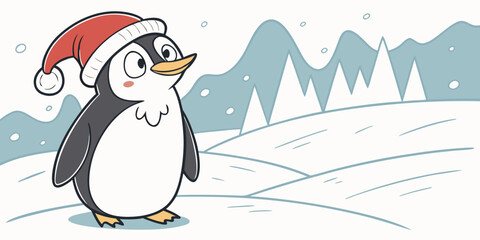 Penguin Wearing a Santa Hat Cute Christmas Flat Vector Illustration