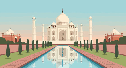 Obraz premium Majestic Taj Mahal Reflecting In Water On A Bright Day Illustration