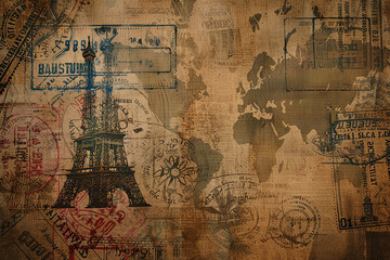 Fototapeta premium Vintage travel background world map illustrates adventure history exploration. Highlights beauty travel and global destinations. Conveys spirit journey exploration using map.