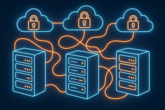 Secure Cloud Network Connection with Data Servers in Neon Style