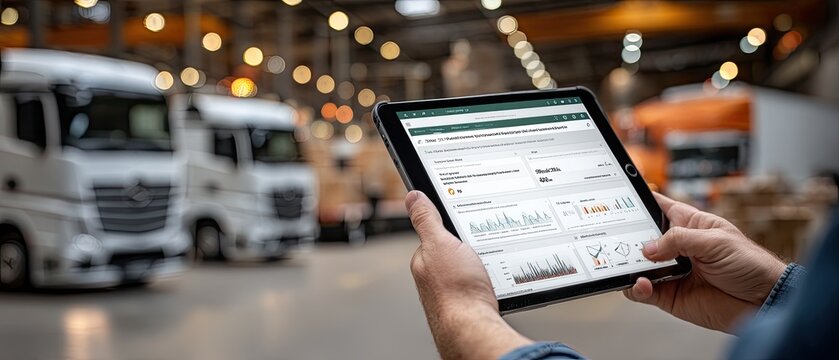 A tablet shows performance data while delivery vans are parked in a spacious warehouse, emphasizing logistics operations