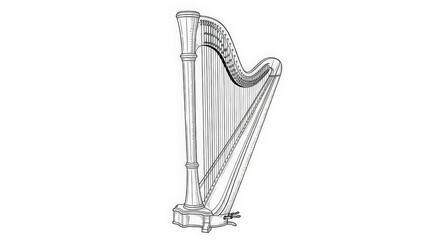 Line drawing of a classical harp, showing the strings, column, and soundbox.