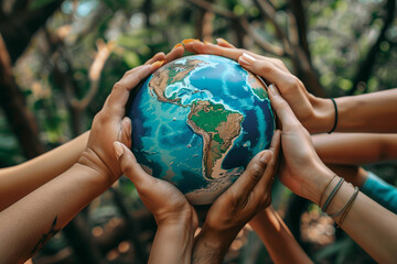 Collaboration emphasizes preservation globe, shows collective action sustainability protect Earth for those caring help from each one to have nature sustainable. 
