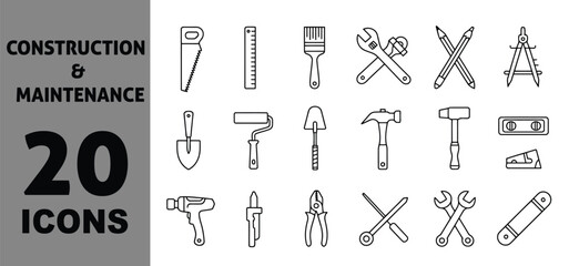 Collection of 20 outline construction and maintenance tools icons scalable vector graphics