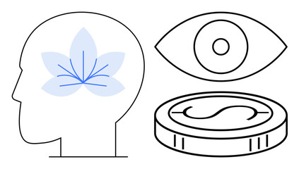 Human head silhouette with floral brain, eye symbol, and coin illustration. Ideal for mindfulness, vision, wellness, finance, innovation creativity personal growth. Simple flat metaphor