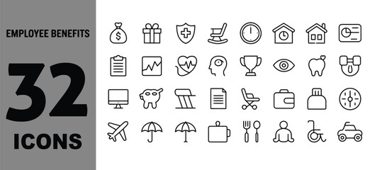 Collection of 32 diverse outline icons for business finance health and travel concepts