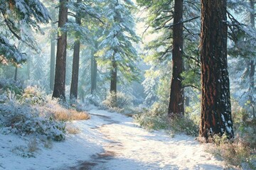 Snow-covered path winding through a sunlit forest with frosted trees