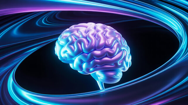 Futuristic Neon Brain Encased in Swirling Energy Tunnel human brain mind